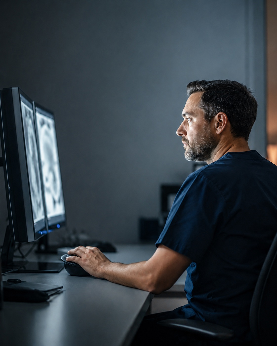 Board-certified radiologist at a reporting workstation with two diagnostic monitors